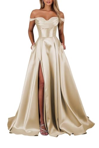 Schulterfreies Satin Lange Ballkleider für Damen Schlitz mit Taschen Abendkleider A-Linie Elegant Lang Brautjungfer Kleid von Infuness