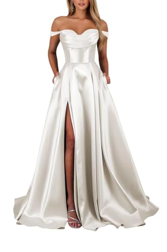 Schulterfreies Satin Lange Ballkleider für Damen Schlitz mit Taschen Abendkleider A-Linie Elegant Lang Brautjungfer Kleid von Infuness