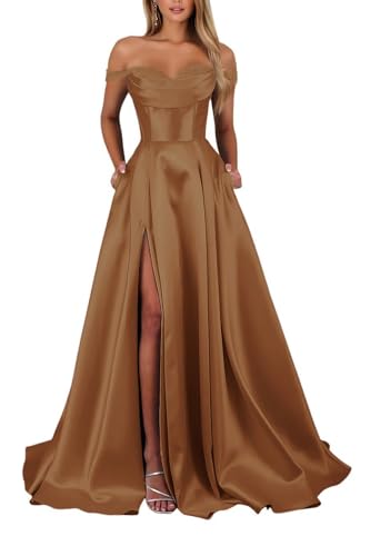 Schulterfreies Satin Lange Ballkleider für Damen Schlitz mit Taschen Abendkleider A-Linie Elegant Lang Brautjungfer Kleid von Infuness