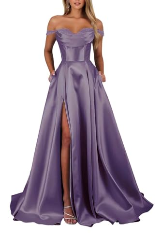 Schulterfreies Satin Lange Ballkleider für Damen Schlitz mit Taschen Abendkleider A-Linie Elegant Lang Brautjungfer Kleid von Infuness