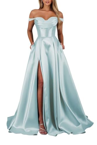 Schulterfreies Satin Lange Ballkleider für Damen Schlitz mit Taschen Abendkleider A-Linie Elegant Lang Brautjungfer Kleid von Infuness