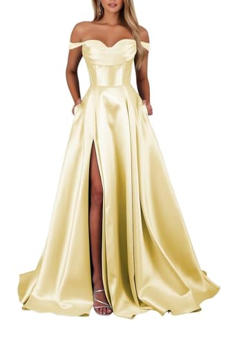 Schulterfreies Satin Lange Ballkleider für Damen Schlitz mit Taschen Abendkleider A-Linie Elegant Lang Brautjungfer Kleid von Infuness