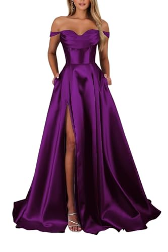 Schulterfreies Satin Lange Ballkleider für Damen Schlitz mit Taschen Abendkleider A-Linie Elegant Lang Brautjungfer Kleid von Infuness