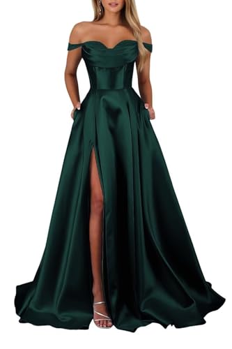 Schulterfreies Satin Lange Ballkleider für Damen Schlitz mit Taschen Abendkleider A-Linie Elegant Lang Brautjungfer Kleid von Infuness