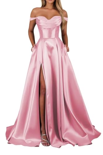 Schulterfreies Satin Lange Ballkleider für Damen Schlitz mit Taschen Abendkleider A-Linie Elegant Lang Brautjungfer Kleid von Infuness