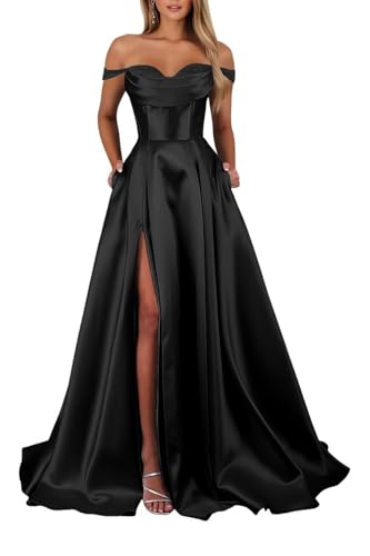 Schulterfreies Satin Lange Ballkleider für Damen Schlitz mit Taschen Abendkleider A-Linie Elegant Lang Brautjungfer Kleid von Infuness