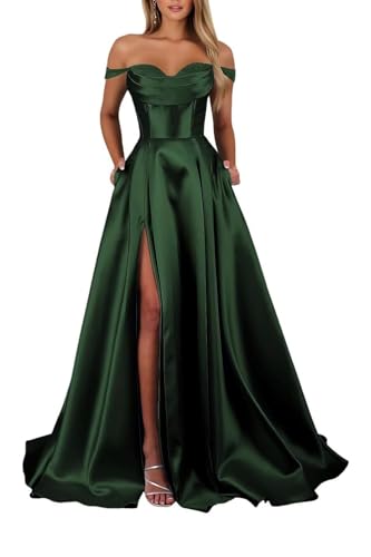 Schulterfreies Satin Lange Ballkleider für Damen Schlitz mit Taschen Abendkleider A-Linie Elegant Lang Brautjungfer Kleid von Infuness