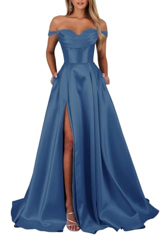 Schulterfreies Satin Lange Ballkleider für Damen Schlitz mit Taschen Abendkleider A-Linie Elegant Lang Brautjungfer Kleid von Infuness