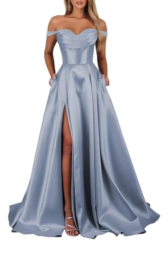 Schulterfreies Satin Lange Ballkleider für Damen Schlitz mit Taschen Abendkleider A-Linie Elegant Lang Brautjungfer Kleid von Infuness