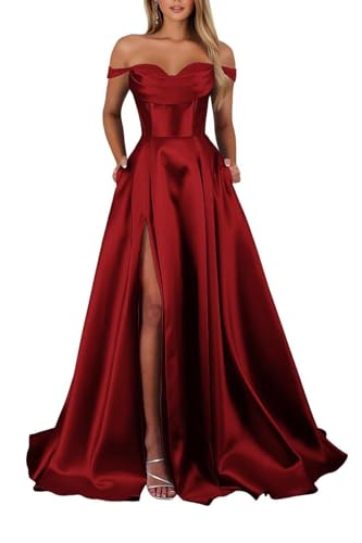 Schulterfreies Satin Lange Ballkleider für Damen Schlitz mit Taschen Abendkleider A-Linie Elegant Lang Brautjungfer Kleid von Infuness