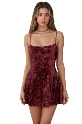 Spaghettiträger Pailletten Minikleid Glitzernd Kurzes Ballkleid A-Linie Sommerkleidung Partykleid Cocktailkleid von Infuness