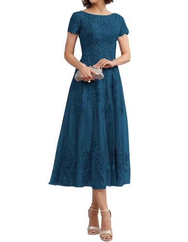 Teelange Tüll für die Brautmutter Ballkleid Spitzenapplikationen Formelle Abendkleider mit Ärmeln A-Linie Abendkleider Elegant für Hochzeit von Infuness