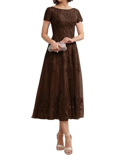 Teelange Tüll für die Brautmutter Ballkleid Spitzenapplikationen Formelle Abendkleider mit Ärmeln A-Linie Abendkleider Elegant für Hochzeit von Infuness