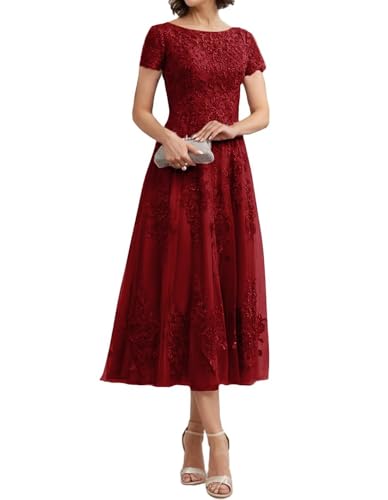 Teelange Tüll für die Brautmutter Ballkleid Spitzenapplikationen Formelle Abendkleider mit Ärmeln A-Linie Abendkleider Elegant für Hochzeit von Infuness