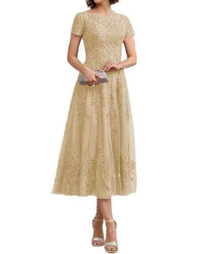 Teelange Tüll für die Brautmutter Ballkleid Spitzenapplikationen Formelle Abendkleider mit Ärmeln A-Linie Abendkleider Elegant für Hochzeit von Infuness