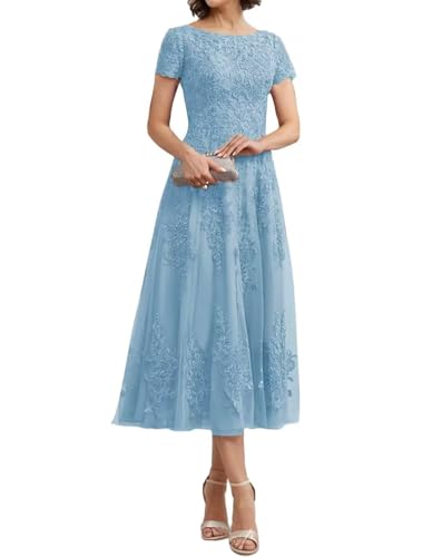 Teelange Tüll für die Brautmutter Ballkleid Spitzenapplikationen Formelle Abendkleider mit Ärmeln A-Linie Abendkleider Elegant für Hochzeit von Infuness