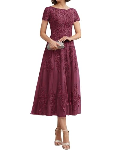 Teelange Tüll für die Brautmutter Ballkleid Spitzenapplikationen Formelle Abendkleider mit Ärmeln A-Linie Abendkleider Elegant für Hochzeit von Infuness