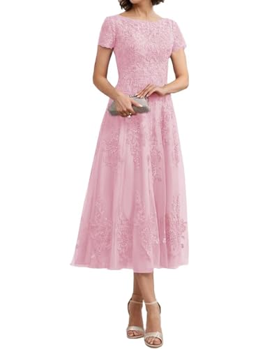 Teelange Tüll für die Brautmutter Ballkleid Spitzenapplikationen Formelle Abendkleider mit Ärmeln A-Linie Abendkleider Elegant für Hochzeit von Infuness