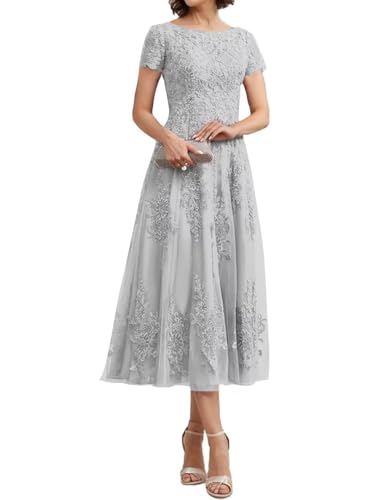 Teelange Tüll für die Brautmutter Ballkleid Spitzenapplikationen Formelle Abendkleider mit Ärmeln A-Linie Abendkleider Elegant für Hochzeit von Infuness