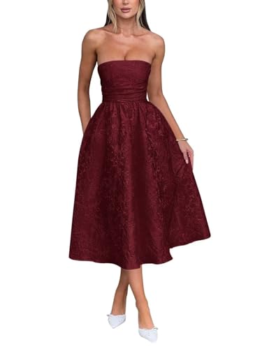 Trägerlos Florales Jacquard Satin Ballkleid für Damen Teelänge A-Linie Midi formelle Abiballkleider Abschlusskleid Partykleid von Infuness