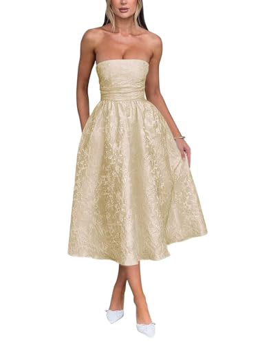 Trägerlos Florales Jacquard Satin Ballkleid für Damen Teelänge A-Linie Midi formelle Abiballkleider Abschlusskleid Partykleid von Infuness