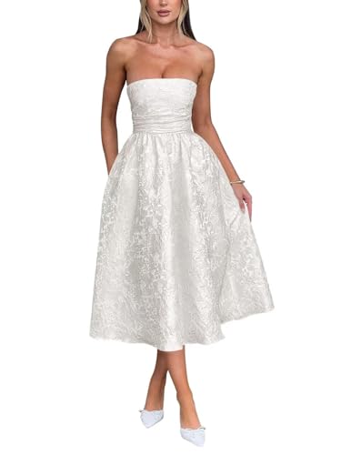 Trägerlos Florales Jacquard Satin Ballkleid für Damen Teelänge A-Linie Midi formelle Abiballkleider Abschlusskleid Partykleid von Infuness