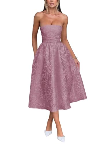 Trägerlos Florales Jacquard Satin Ballkleid für Damen Teelänge A-Linie Midi formelle Abiballkleider Abschlusskleid Partykleid von Infuness