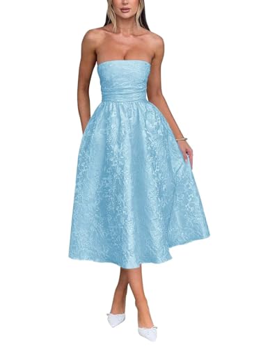Trägerlos Florales Jacquard Satin Ballkleid für Damen Teelänge A-Linie Midi formelle Abiballkleider Abschlusskleid Partykleid von Infuness
