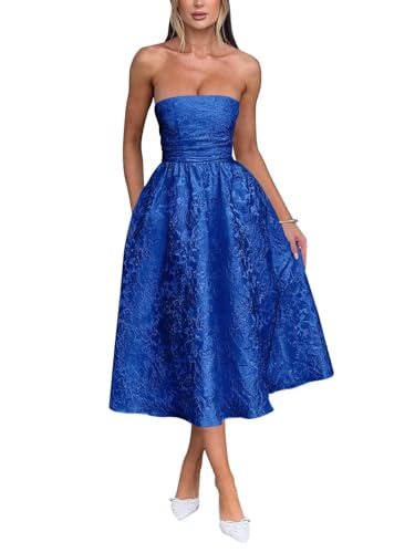 Trägerlos Florales Jacquard Satin Ballkleid für Damen Teelänge A-Linie Midi formelle Abiballkleider Abschlusskleid Partykleid von Infuness