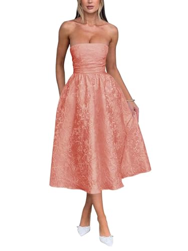 Trägerlos Florales Jacquard Satin Ballkleid für Damen Teelänge A-Linie Midi formelle Abiballkleider Abschlusskleid Partykleid von Infuness