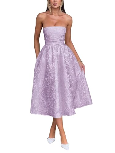 Trägerlos Florales Jacquard Satin Ballkleid für Damen Teelänge A-Linie Midi formelle Abiballkleider Abschlusskleid Partykleid von Infuness