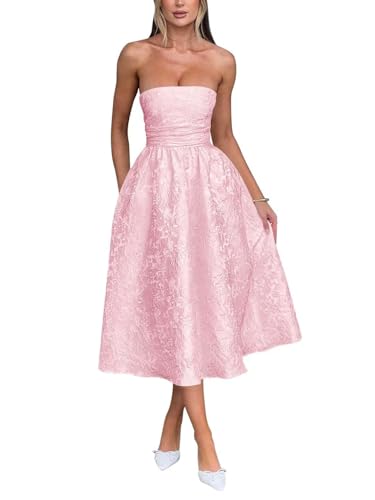 Trägerlos Florales Jacquard Satin Ballkleid für Damen Teelänge A-Linie Midi formelle Abiballkleider Abschlusskleid Partykleid von Infuness