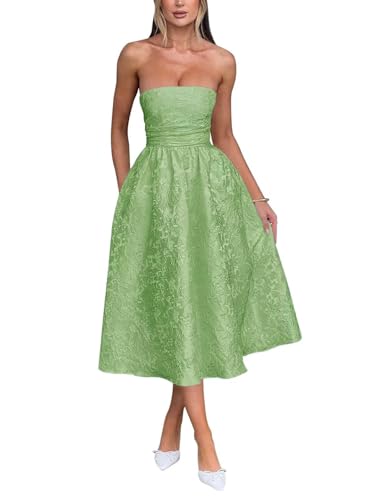 Trägerlos Florales Jacquard Satin Ballkleid für Damen Teelänge A-Linie Midi formelle Abiballkleider Abschlusskleid Partykleid von Infuness