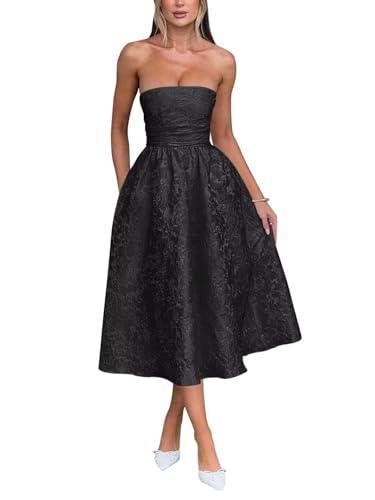 Trägerlos Florales Jacquard Satin Ballkleid für Damen Teelänge A-Linie Midi formelle Abiballkleider Abschlusskleid Partykleid von Infuness