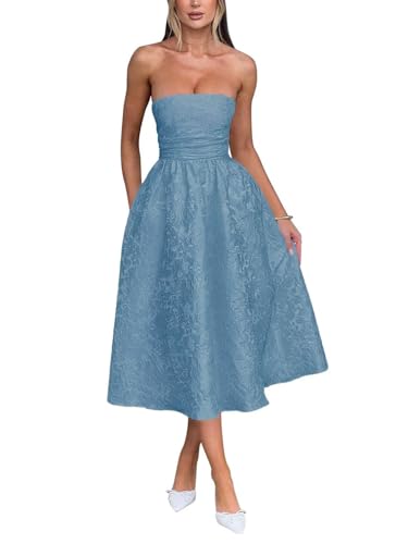 Trägerlos Florales Jacquard Satin Ballkleid für Damen Teelänge A-Linie Midi formelle Abiballkleider Abschlusskleid Partykleid von Infuness