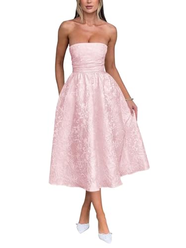 Trägerlos Florales Jacquard Satin Ballkleid für Damen Teelänge A-Linie Midi formelle Abiballkleider Abschlusskleid Partykleid von Infuness