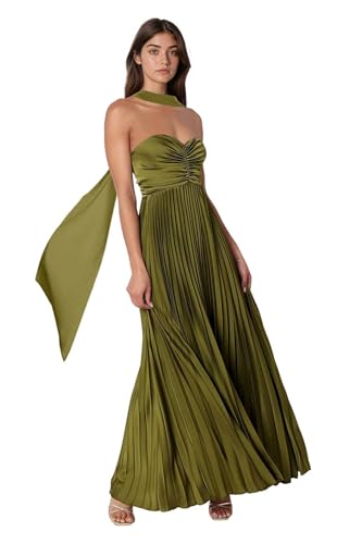 Trägerlos Satin Ballkleider mit Schal Lang A Linie Brautjungfernkleider Plissee Abiballkleider Abschlusskleid Partykleid von Infuness