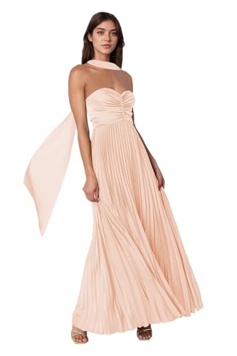 Trägerlos Satin Ballkleider mit Schal Lang A Linie Brautjungfernkleider Plissee Abiballkleider Abschlusskleid Partykleid von Infuness