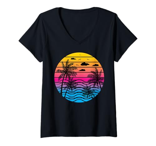Damen Retro Summer Beach Urlaubspalmen Tropical Vacay Modus T-Shirt mit V-Ausschnitt Damen Retro Summer Beach Urlaubspalmen Tropical Vacay Modus T-Shirt mit V-Ausschnitt von Ingenius Beach Urlaubshemden und Geschenke