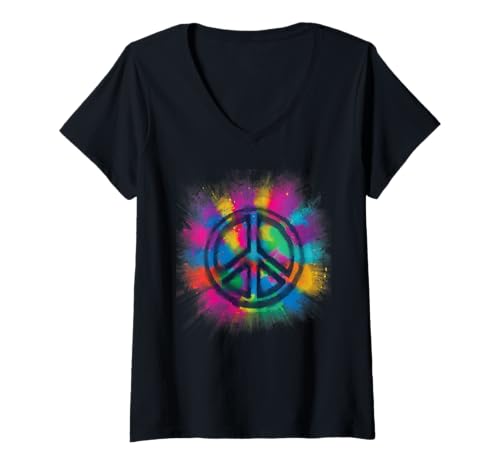 Damen Bindenfarbe Friedenszeichen 60s 70er Jahre Hippie Kostüm T-Shirt mit V-Ausschnitt Damen Bindenfarbe Friedenszeichen 60s 70er Jahre Hippie Kostüm T-Shirt mit V-Ausschnitt von Ingenius Friedenszeichen