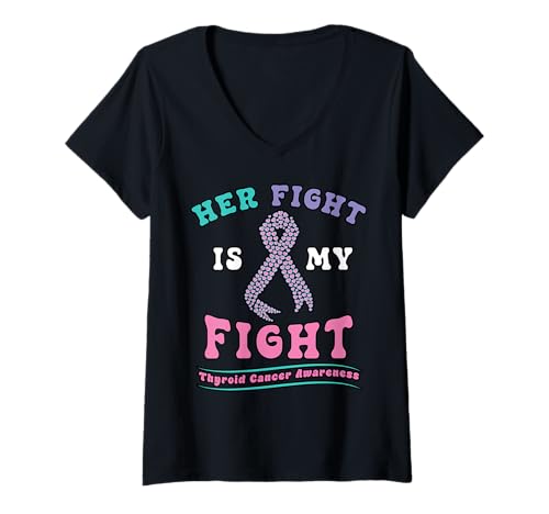Damen Schilddrüsenkrebs Ihr Kampf Mein Kampf rosa blaugrüne T-Shirt mit V-Ausschnitt Damen Schilddrüsenkrebs Ihr Kampf Mein Kampf rosa blaugrüne T-Shirt mit V-Ausschnitt von Ingenius Schilddrüsenkrebsbewusstsein Hemden und