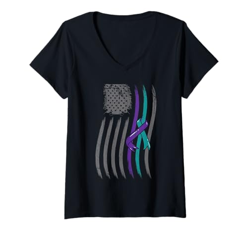 Damen Selbstmordprävention amerikanische Flagge lila Bewusstsein T-Shirt mit V-Ausschnitt von Ingenius Suicide Prevention Awareness Shirts
