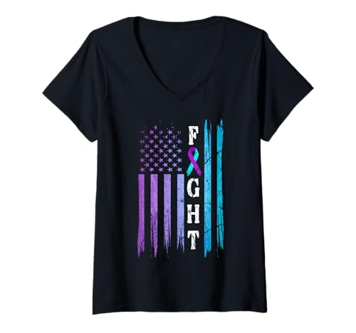 Damen US -Flagge Selbstmordprävention Bewusstsein Kampf Verschleiß T-Shirt mit V-Ausschnitt von Ingenius Suicide Prevention Awareness Shirts