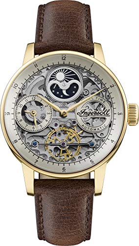 Ingersoll The Jazz 42 mm Automatik-Mondphasenuhr für Herren mit hellgoldenem Skeleton-Zifferblatt und Braunem Echtlederarmband I07704 von Ingersoll