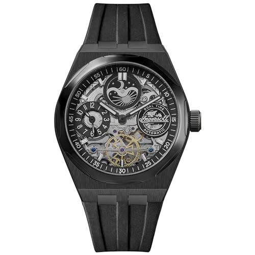 Ingersoll The Boadway 43 mm Automatic Herrenuhr mit schwarzem Skelettziffernblatt und schwarzem PU Armband I12908 von Ingersoll