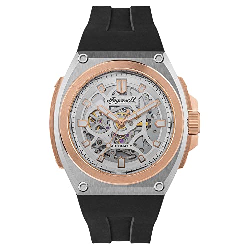 Ingersoll The Motion Herren-Automatikuhr, 50 mm, mit silbernem Skeleton-Zifferblatt und schwarzem PU-Gummiarmband I11703 von Ingersoll