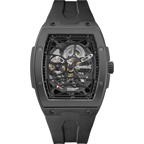 Ingersoll The Rim Herrenuhr 42 mm Automatikuhr mit schwarzem Skelettziffernblatt und schwarzem PU Armband I16201 von Ingersoll