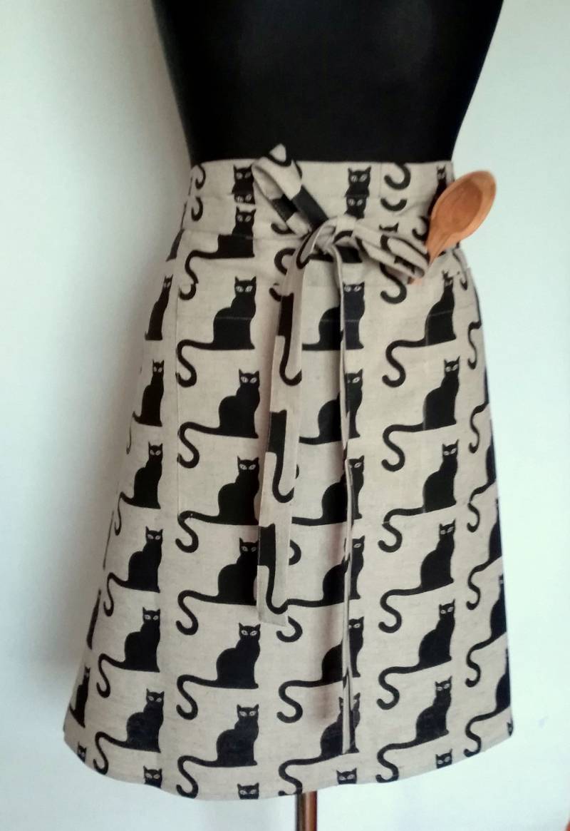 Küchenwäsche Wohn-Halbschürze Garten Chef Schürzen Teachers Apron Naturgrau Vorgewaschene Leinen Schwarze Katze von Iniavei