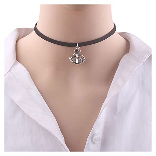 Inilbran Boho Anker Anhänger Halskette Schwarzer Samt Choker Halskette Schwarzes Wildleder Halskette Punk Seil Kordel Schlüsselbein Kette Halskette Gothic Anker Choker Halskette Seemannsschmuck von Inilbran