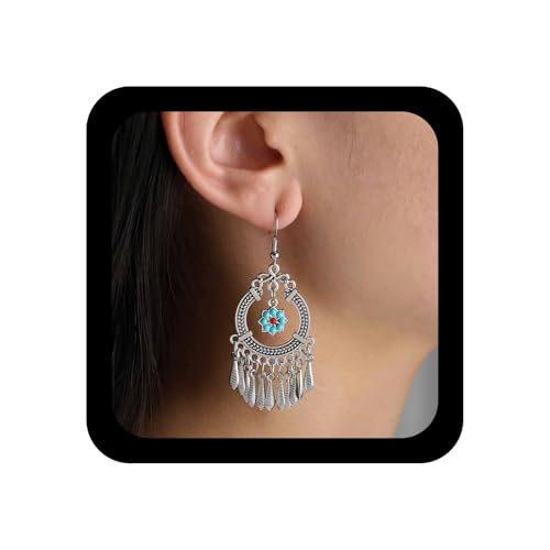 Inilbran Boho Blume Filigran Quaste Baumeln Ohrringe Vintage Geometrische Tropfen Ohrringe Silber Stamm Blume Ohrring Ethnischen Zigeuner Kronleuchter Haken Ohrring Schmuck Für Frauen von Inilbran